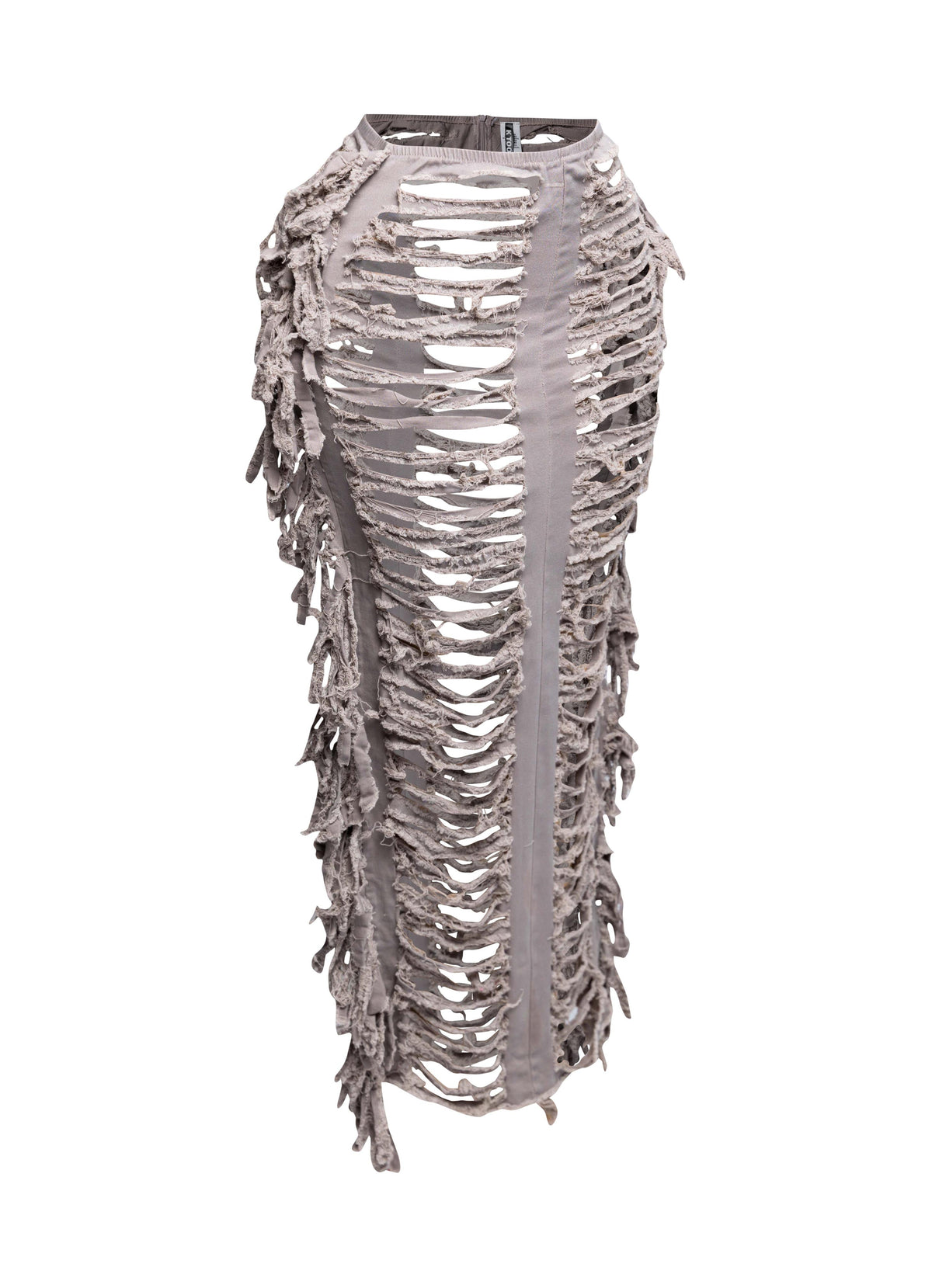 Distressed denim fringe maxi skirt, angled view on model
