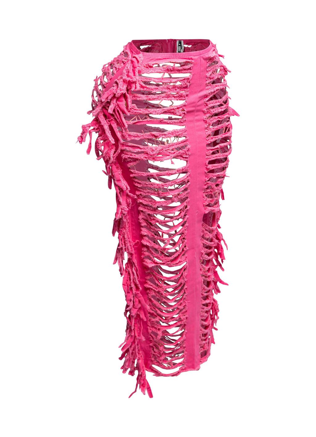 Distressed denim fringe maxi skirt, view 4 on model