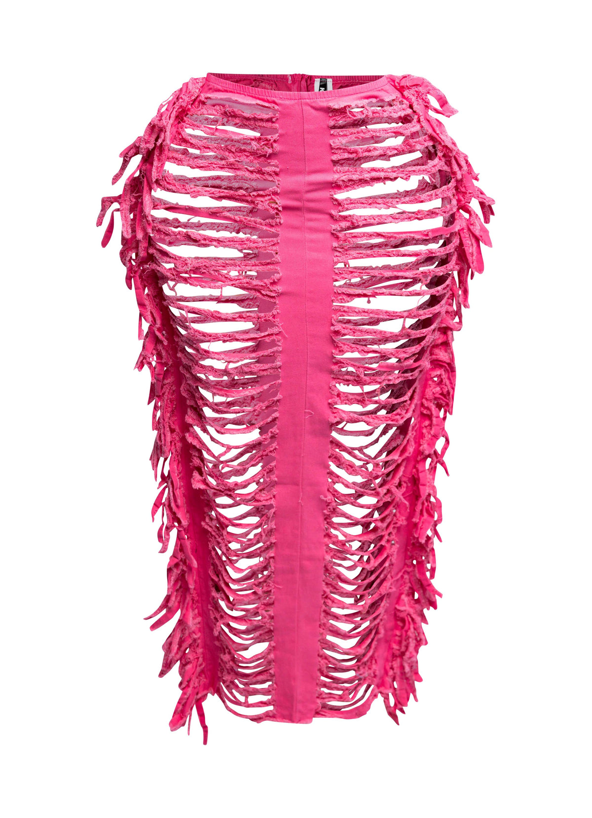 Distressed denim fringe maxi skirt, view 2 on model