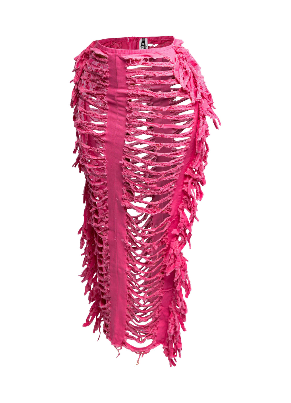 Distressed denim fringe maxi skirt, view 5 on model