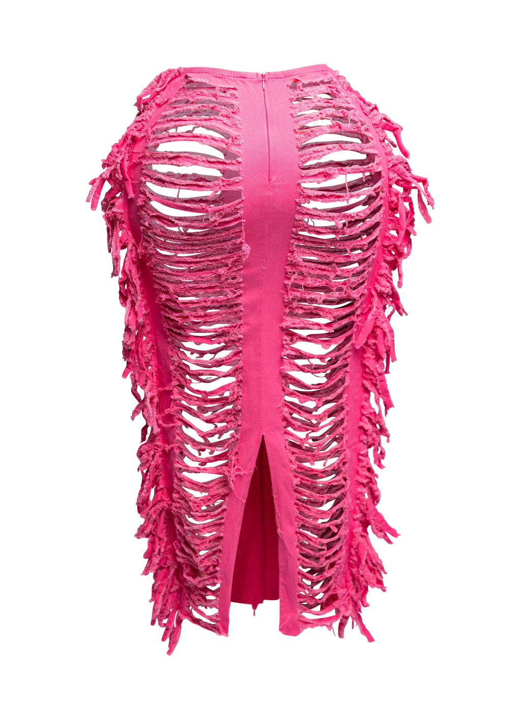 Distressed denim fringe maxi skirt, view 3 on model