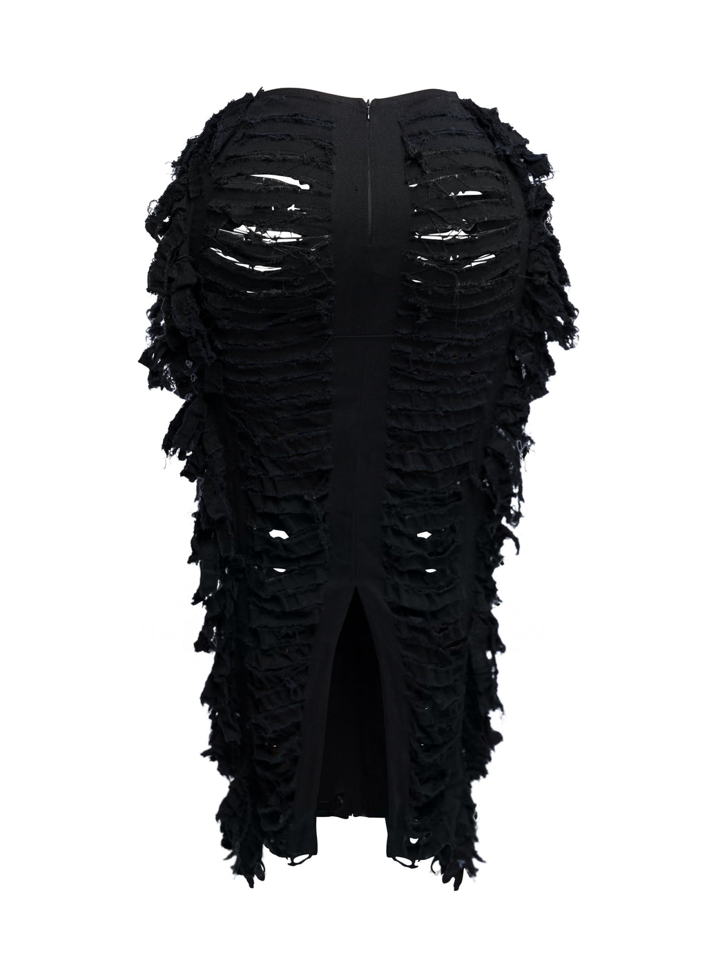 Distressed denim fringe maxi skirt, alternate front view on model
