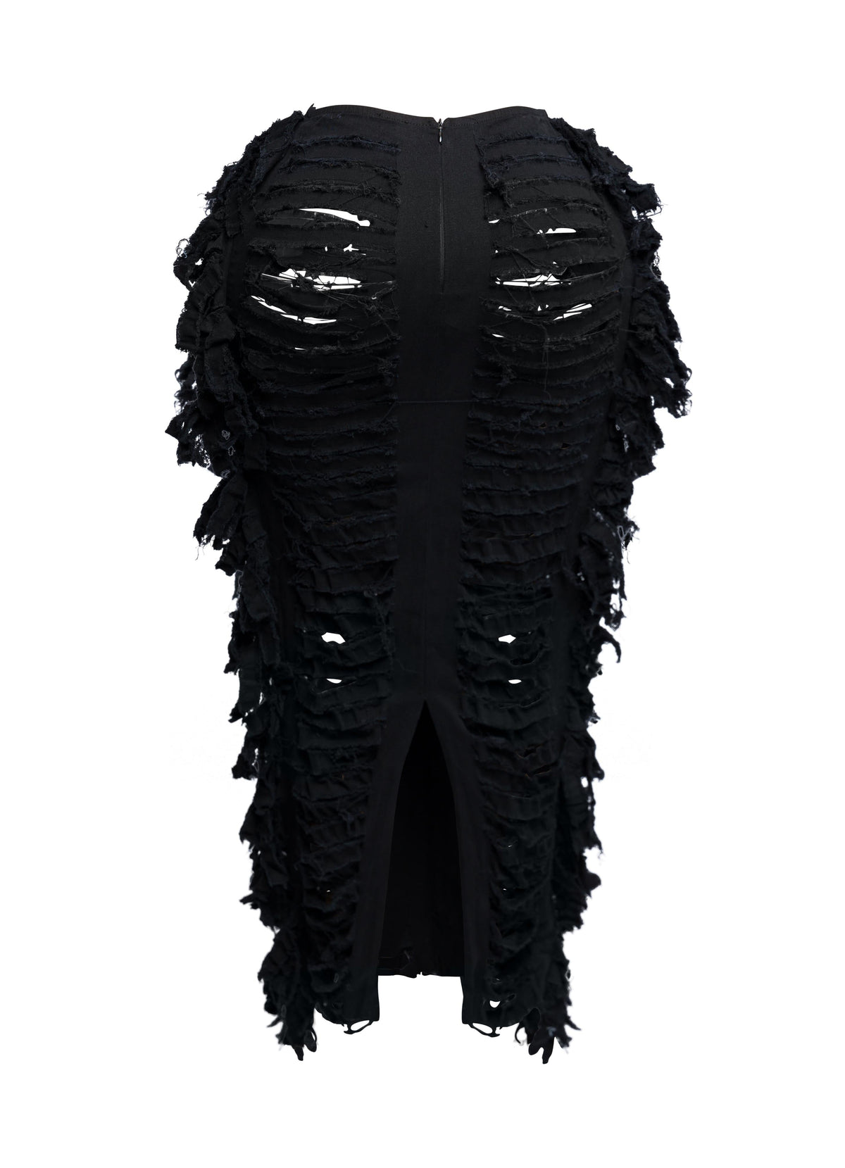 Distressed denim fringe maxi skirt, alternate front view on model