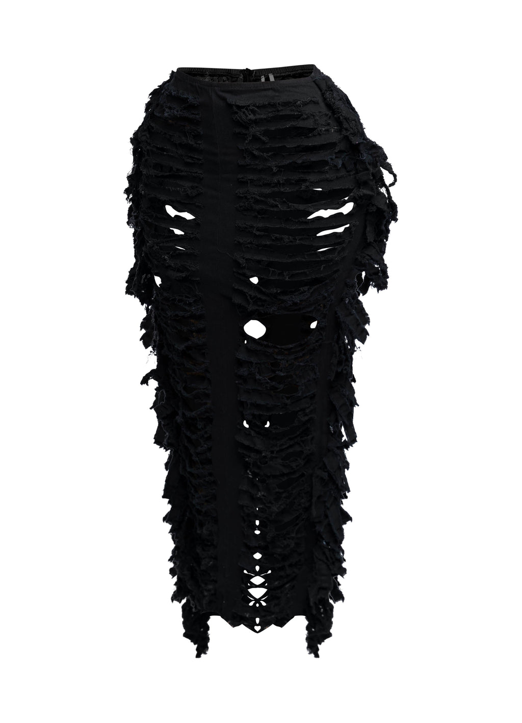 Distressed denim fringe maxi skirt, back view on model
