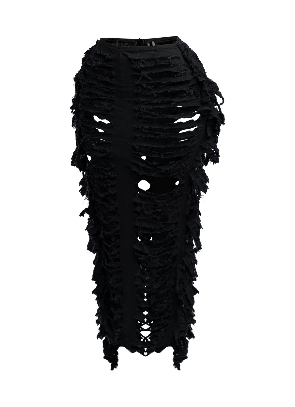 Distressed denim fringe maxi skirt, back view on model