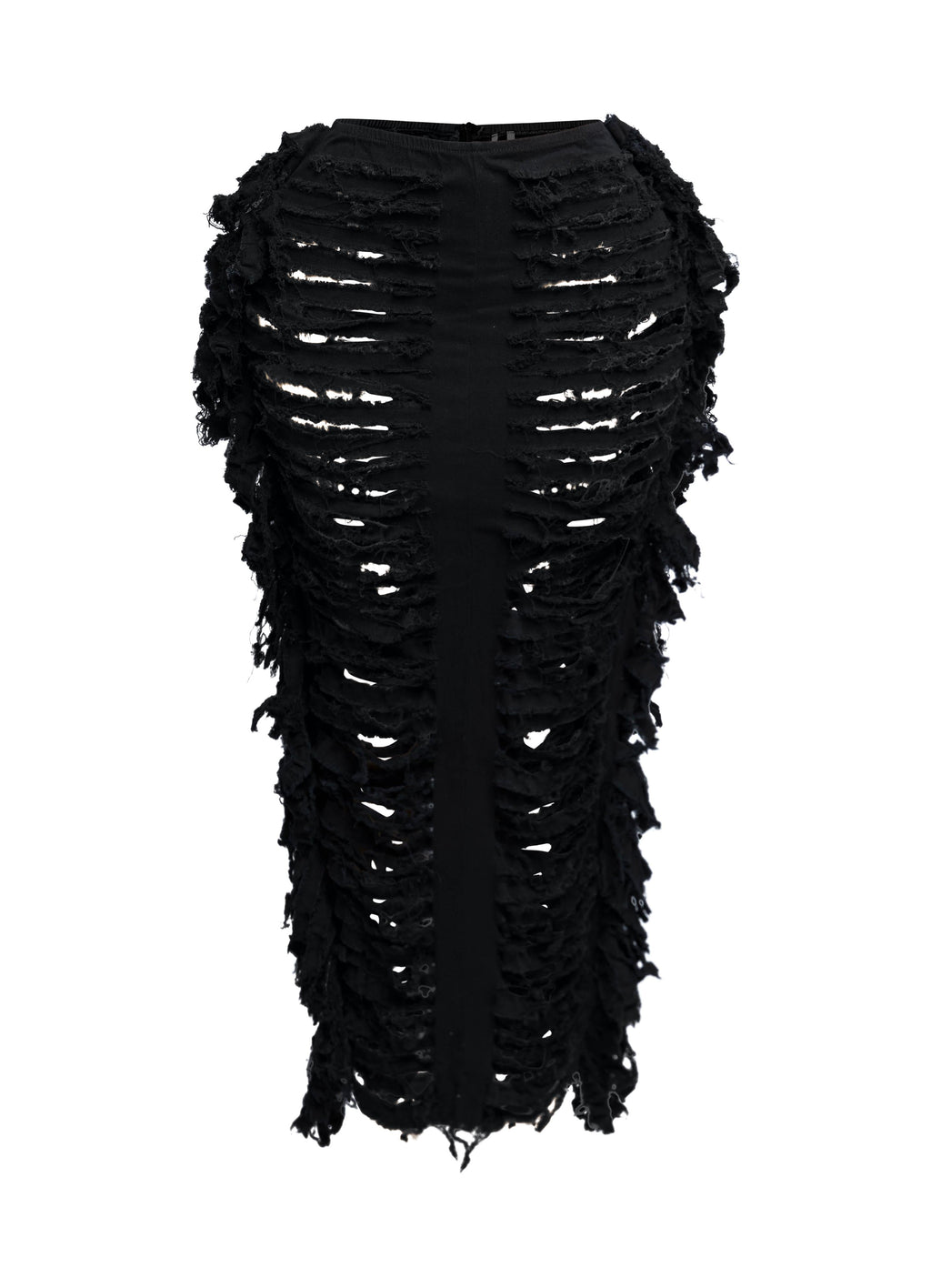 Distressed denim fringe maxi skirt, front view on model