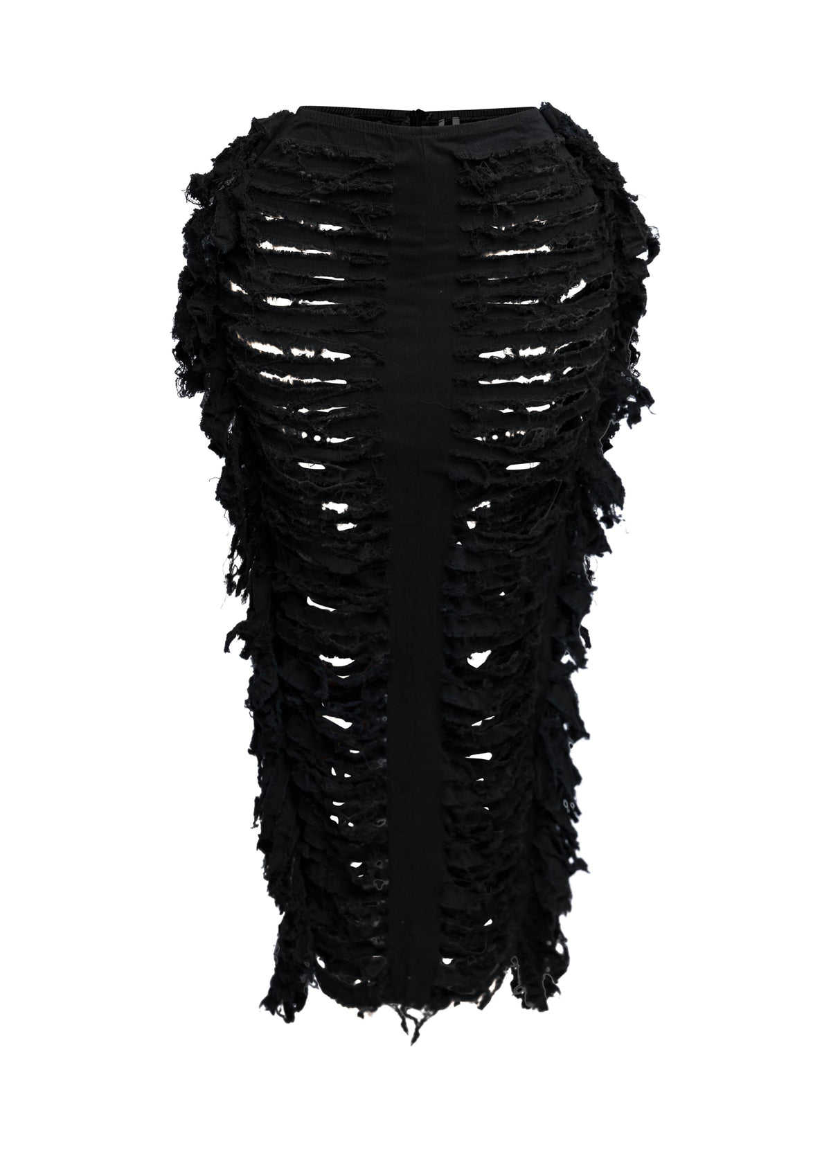 Distressed denim fringe maxi skirt, front view on model