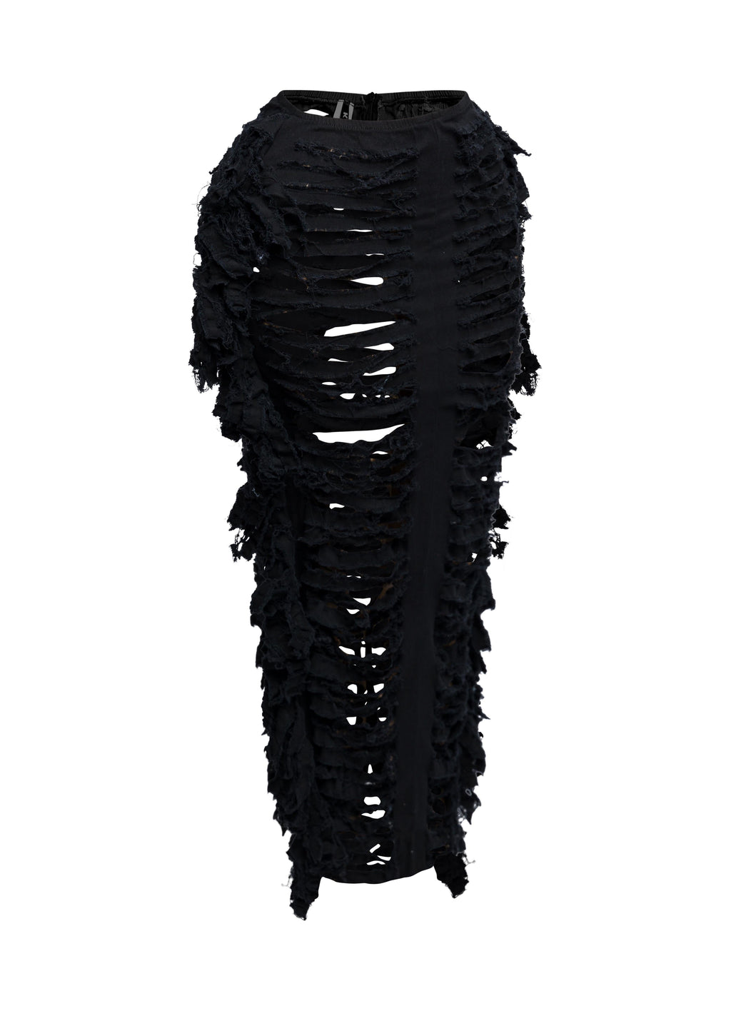 Distressed denim fringe maxi skirt, back view
