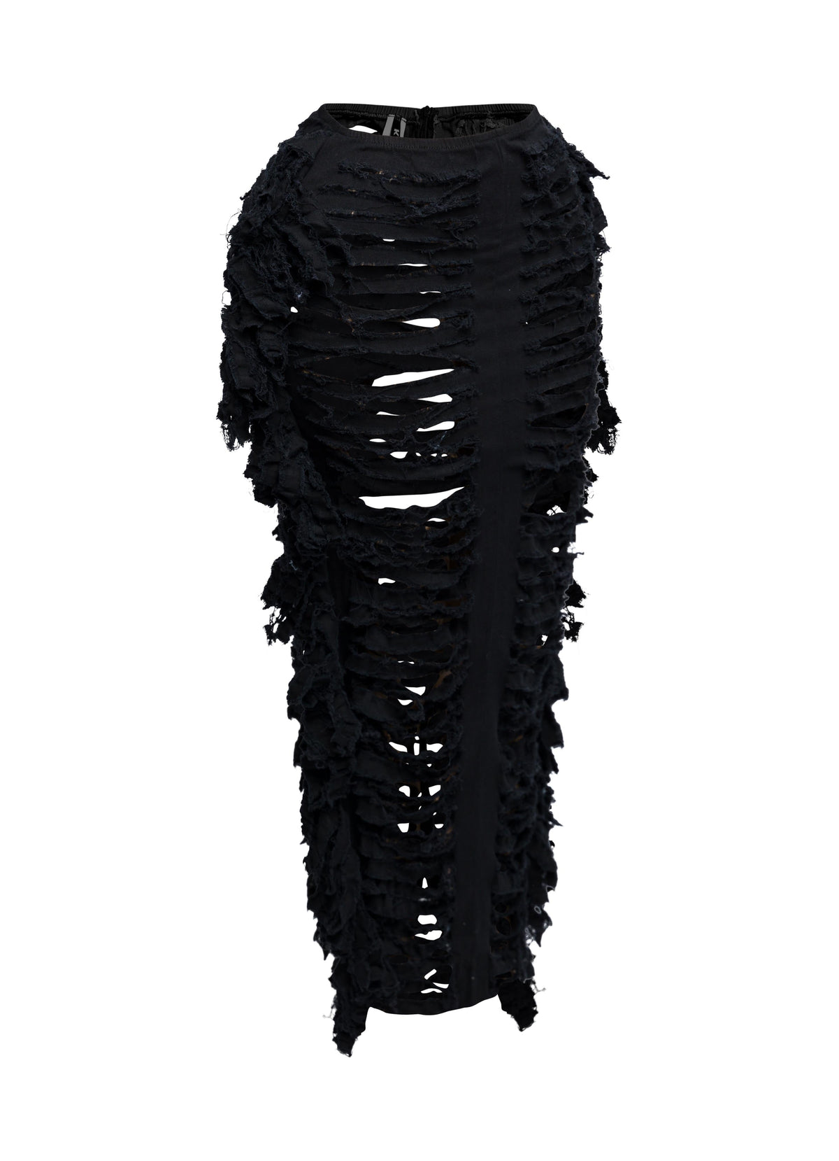 Distressed denim fringe maxi skirt, back view