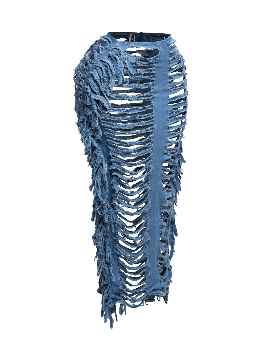 Distressed denim fringe maxi skirt styled outfit look