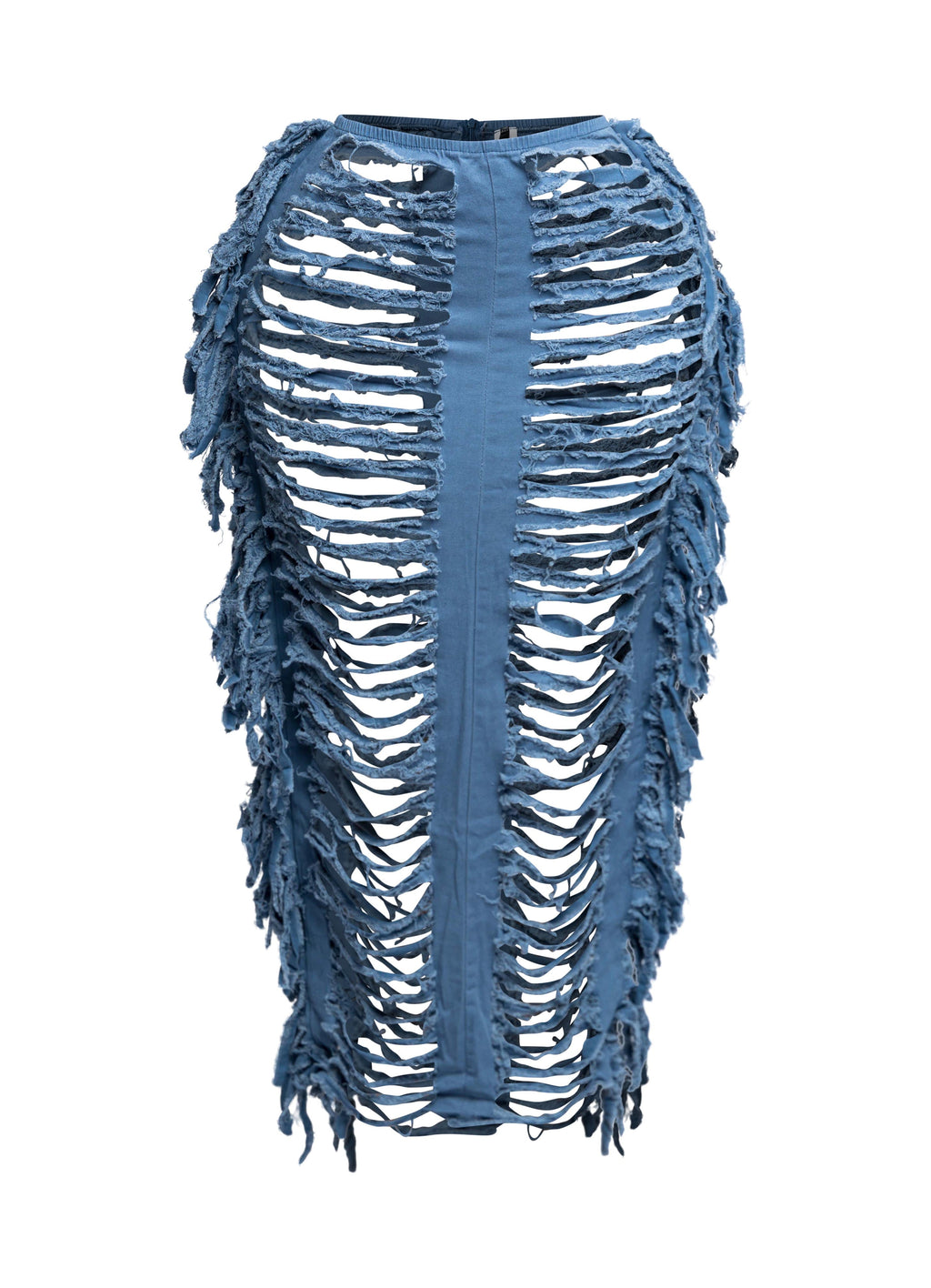 Distressed denim fringe maxi skirt, detail view on model