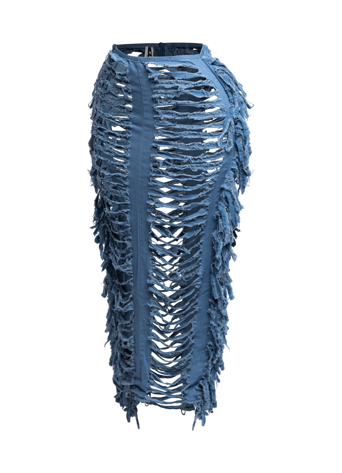 Distressed denim fringe maxi skirt, styled look on model