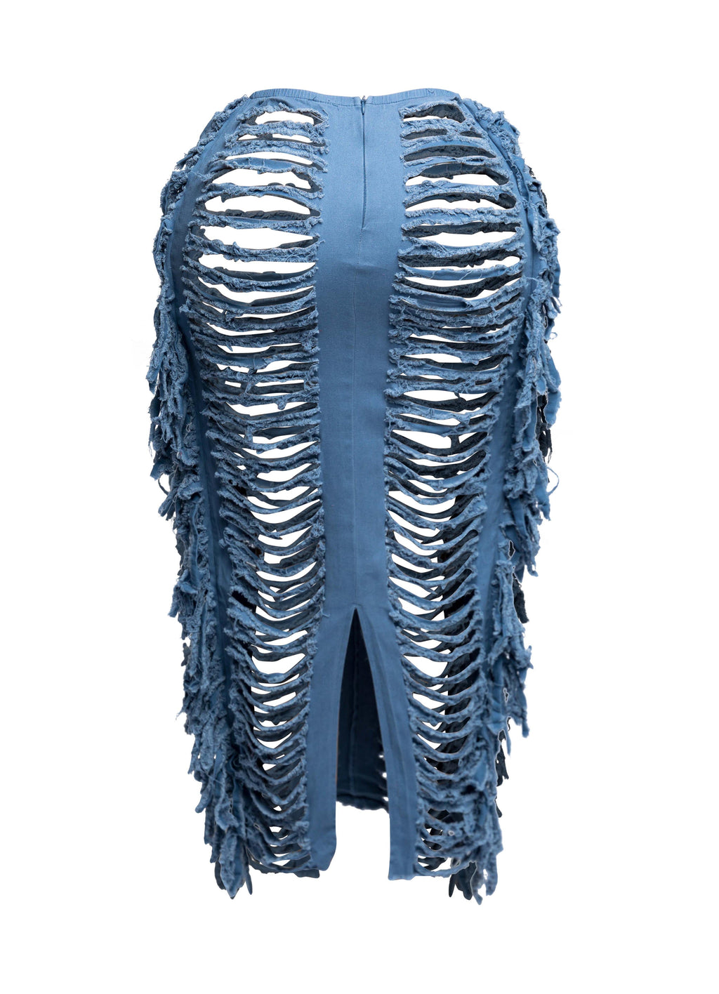 Distressed denim fringe maxi skirt, side view on model