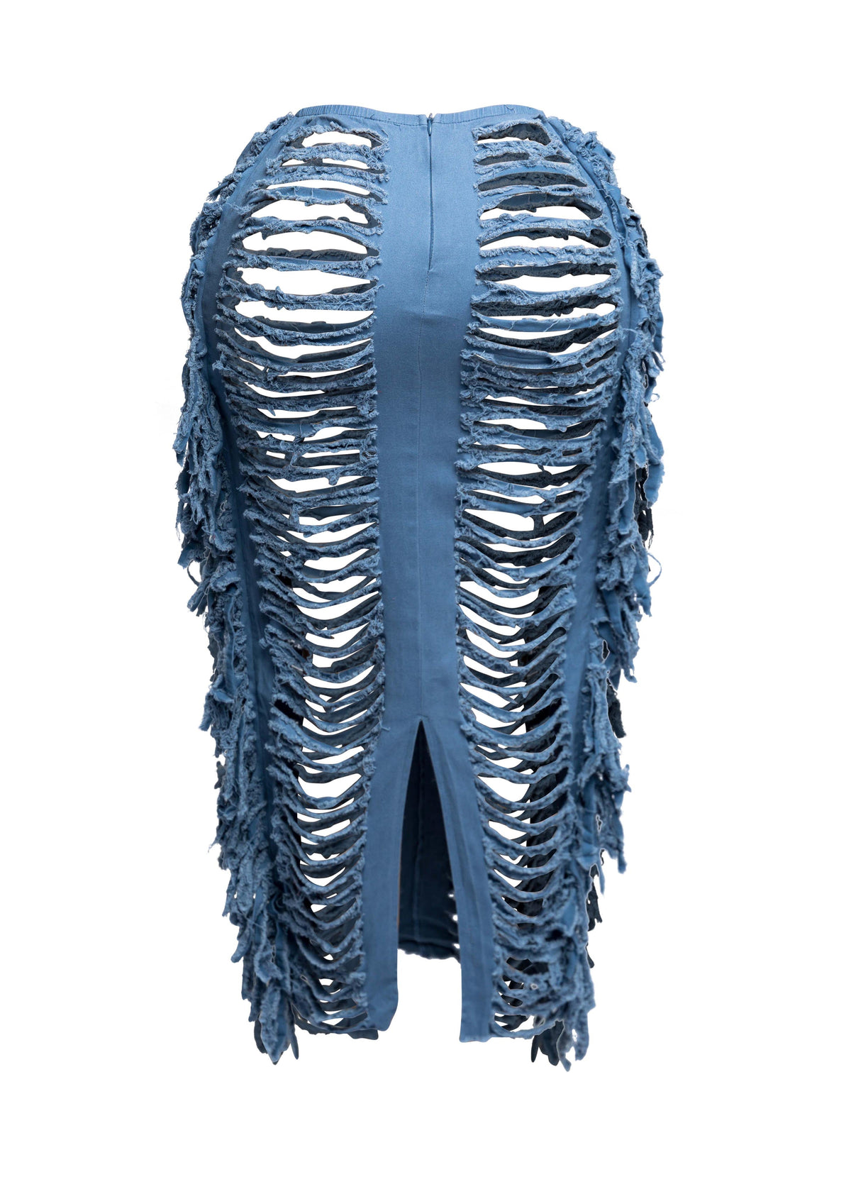 Distressed denim fringe maxi skirt, side view on model