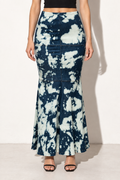 Muvin women's acid wash indigo and cream denim mermaid maxi skirt, front view showing panel seams and flared hem