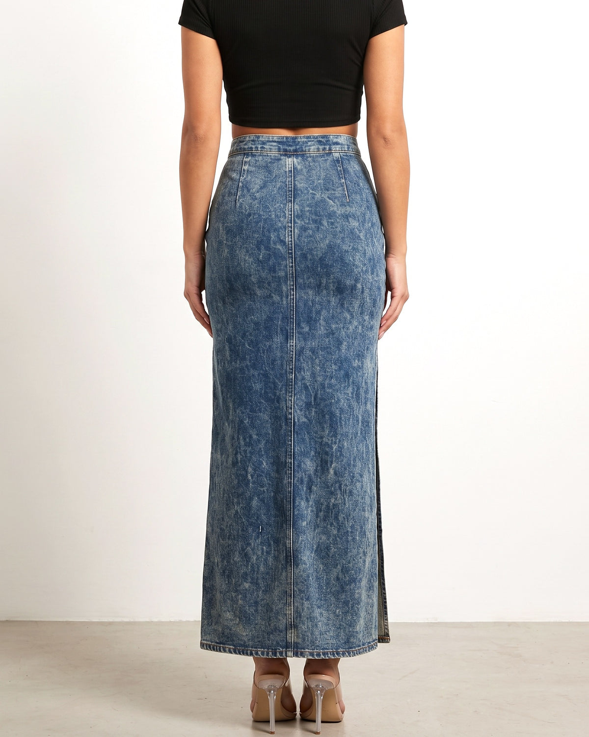 Denim thigh slit maxi skirt, back view on model