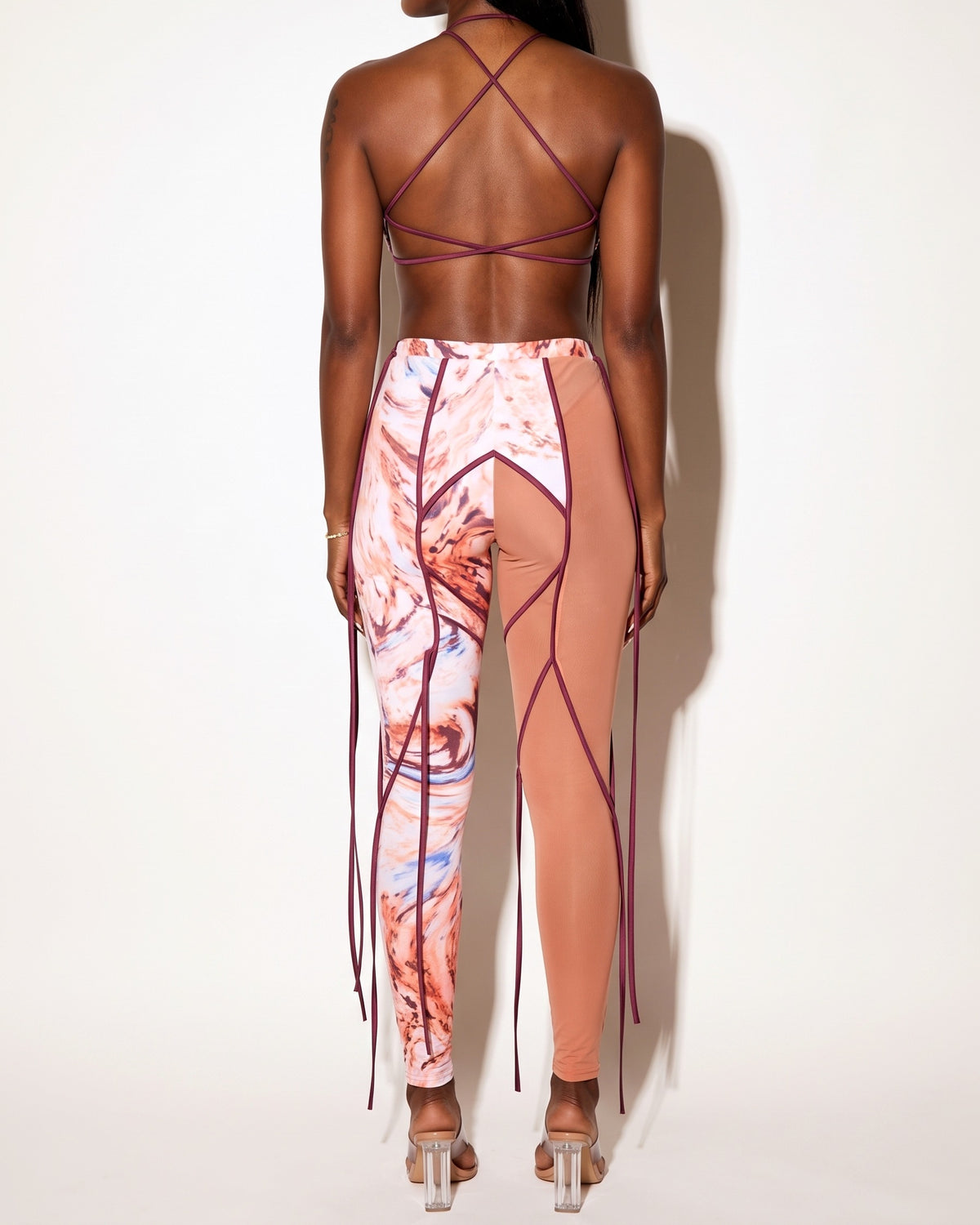 Coral combo binding detailed string marbling set, back view on model