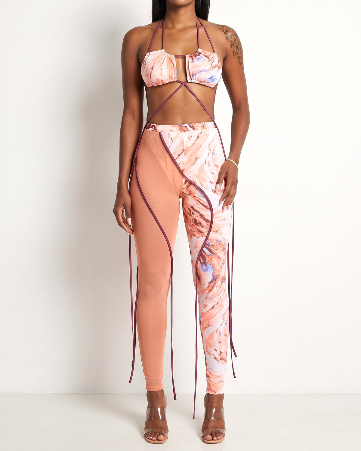 Coral combo binding detailed string marbling set, alternate front view on model