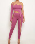 Muvin women's plum combo unbalance set, front view on model