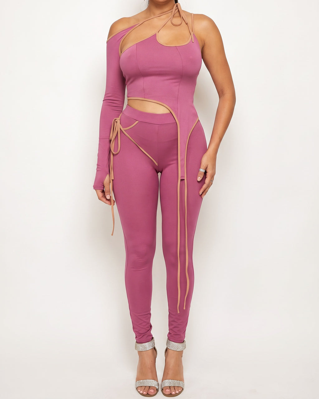 Plum combo unbalance set, alternate front view on model