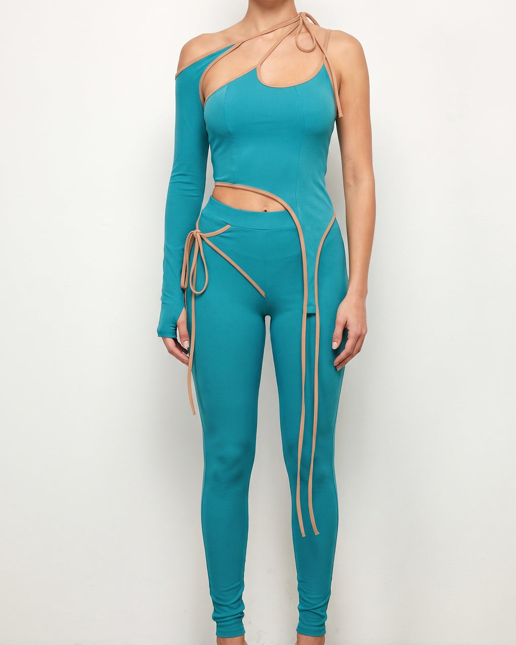 Teal combo unbalance set, alternate front view on model