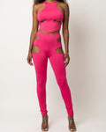 Muvin women's fuchsia cutout detailed halter crop top set, front view on model