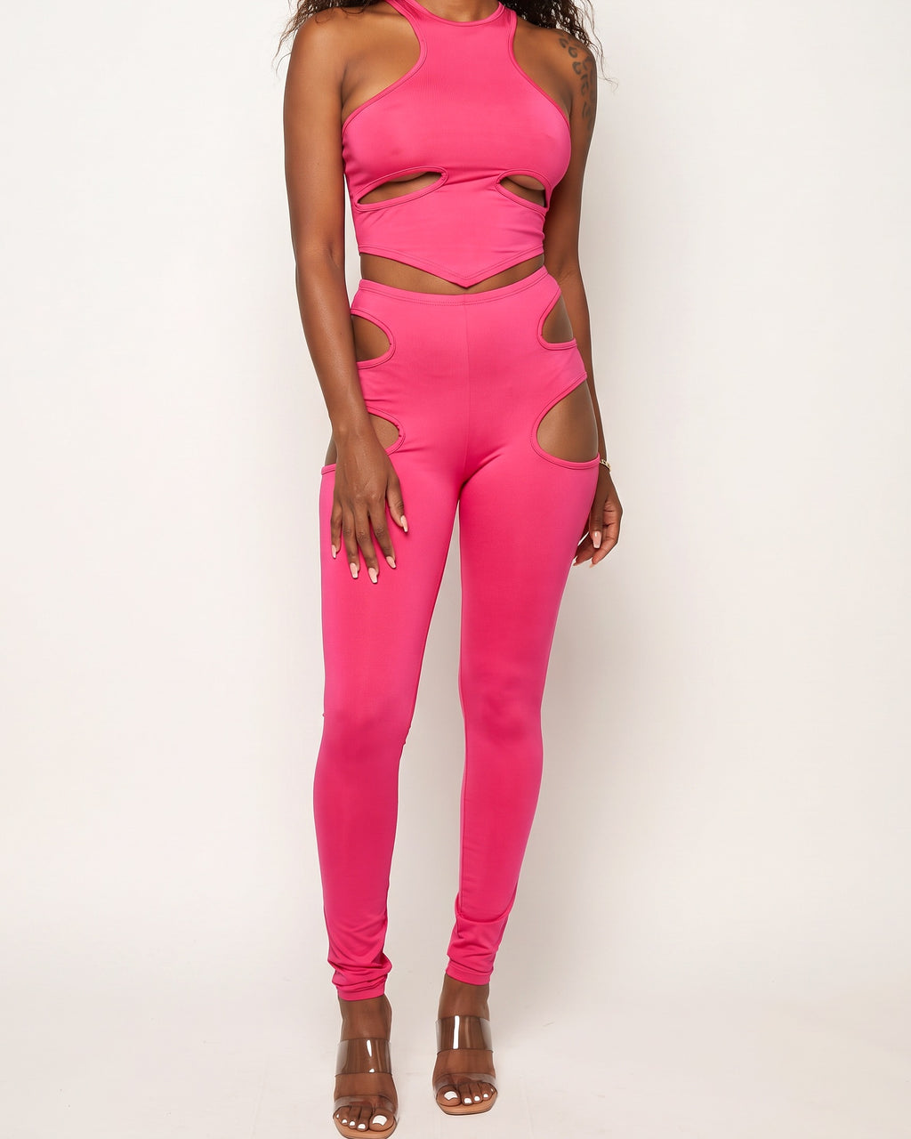 Fuchsia cutout detailed halter crop top set, alternate front view on model