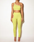Muvin women's citrus and nude cutout detailed tank and legging set, front view on model