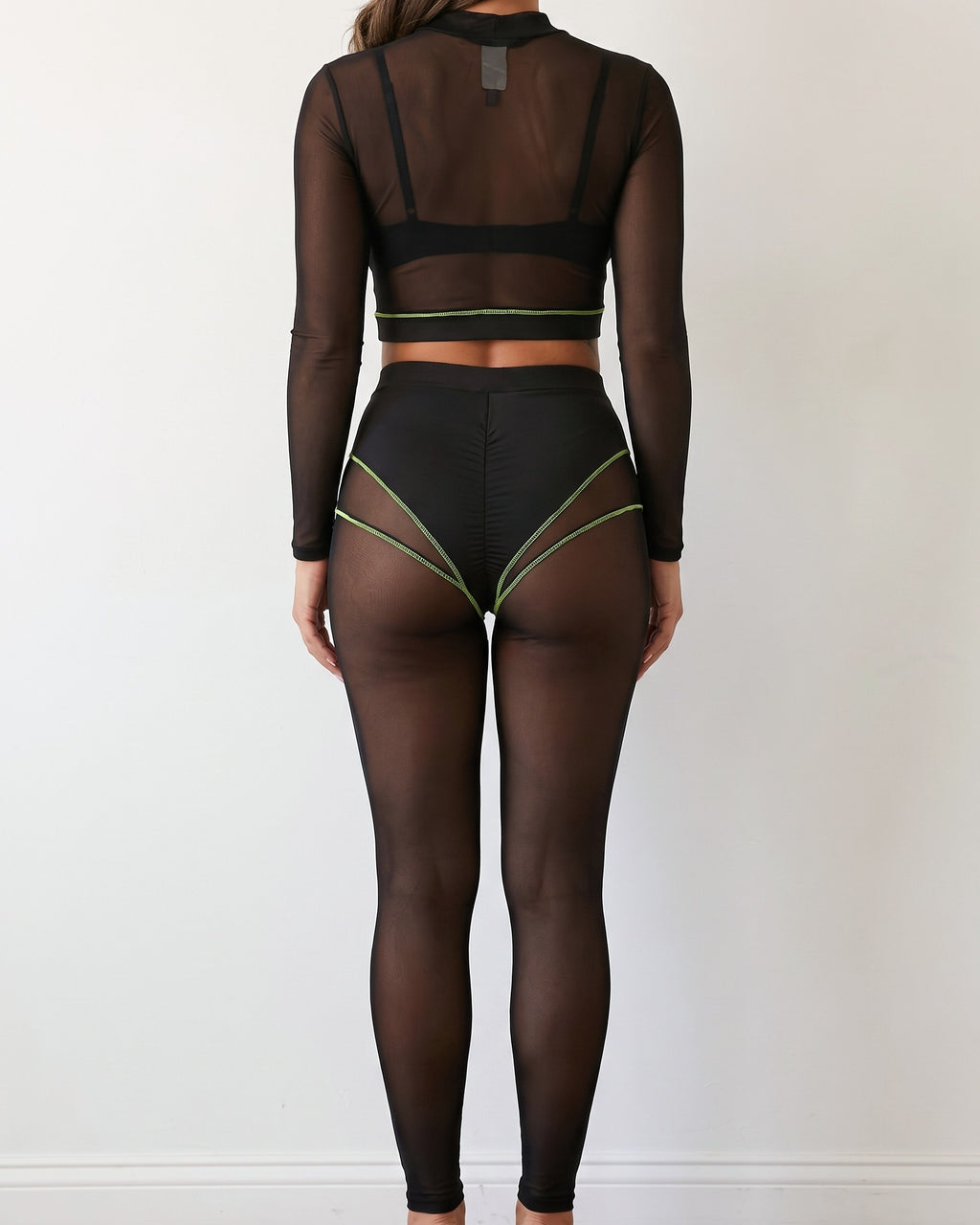 Black and neon yel mesh contrast reverse stitch detailed set, back view on model