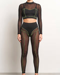 Muvin women's black and neon yel mesh contrast reverse stitch detailed set, front view on model