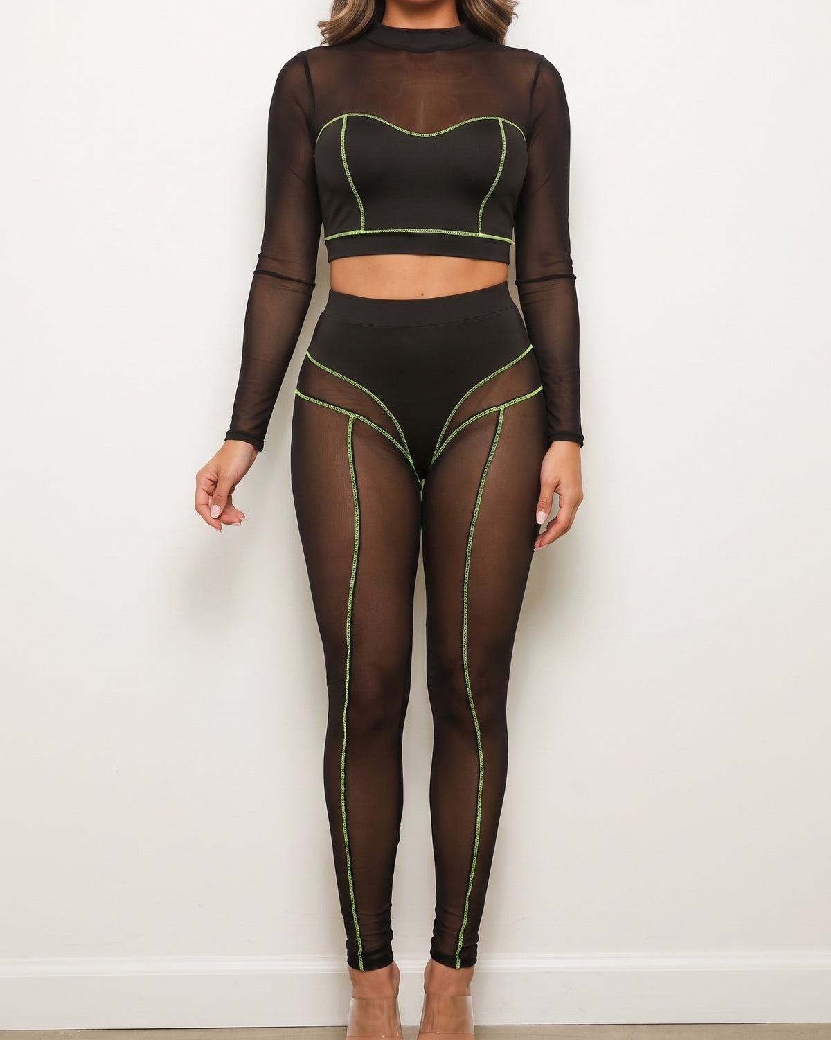 Black and neon yel mesh contrast reverse stitch detailed set, alternate front view on model