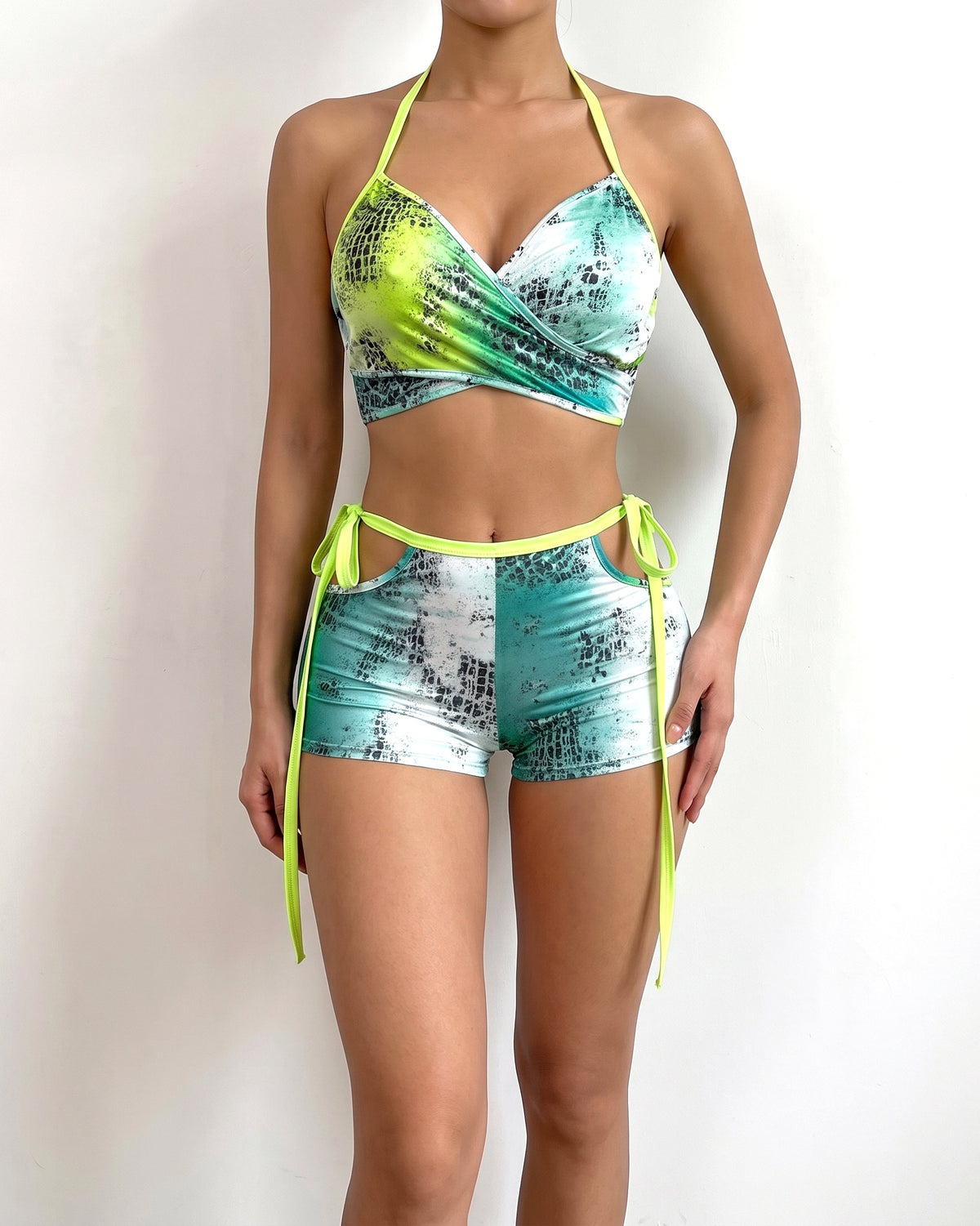 Green combo printed strappy set, alternate front view on model