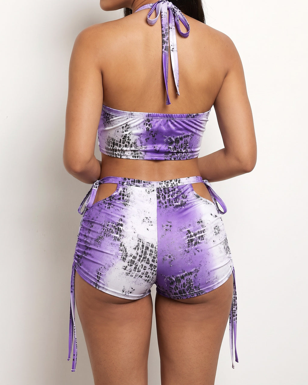 Purple combo printed strappy set, back view on model