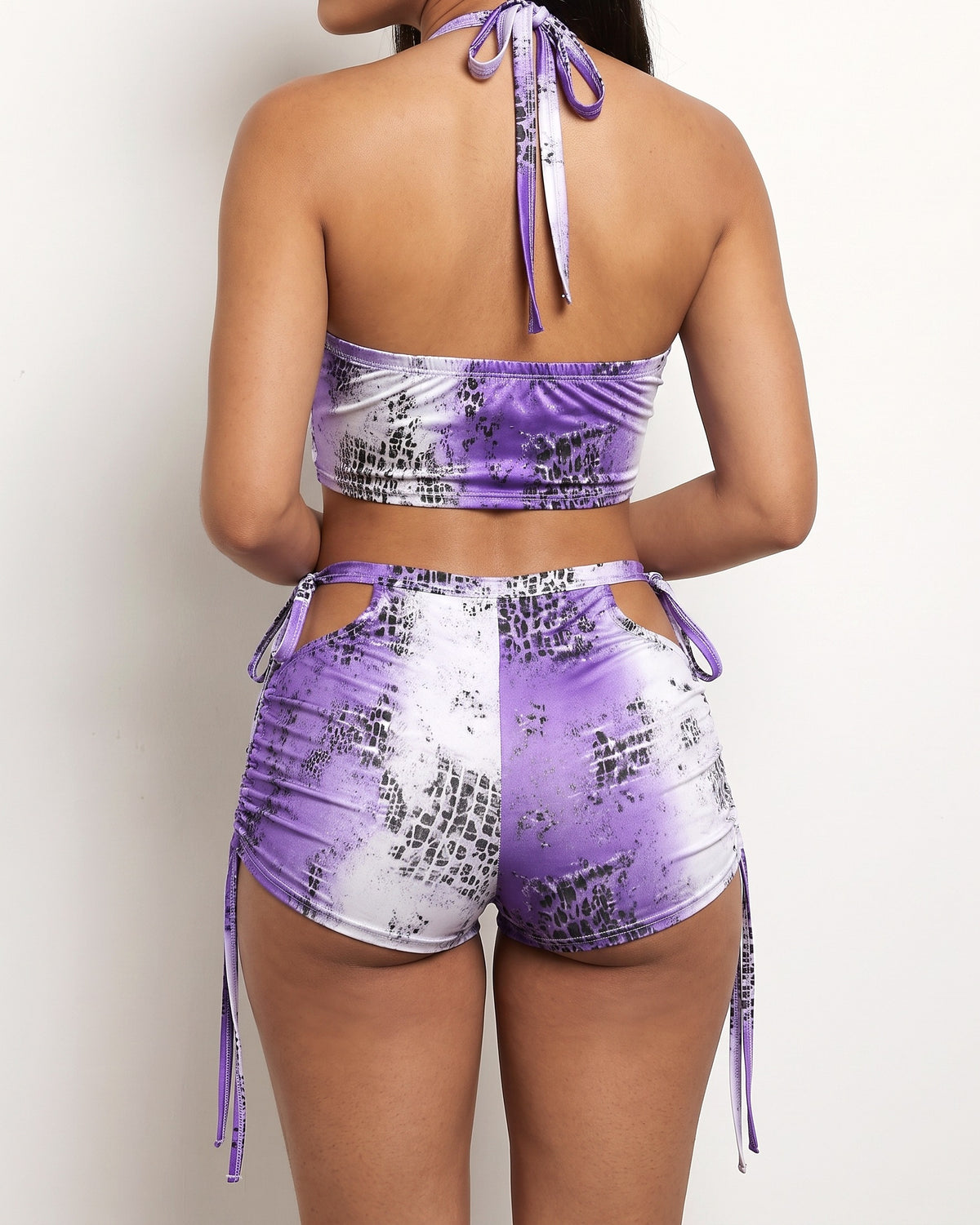 Purple combo printed strappy set, back view on model