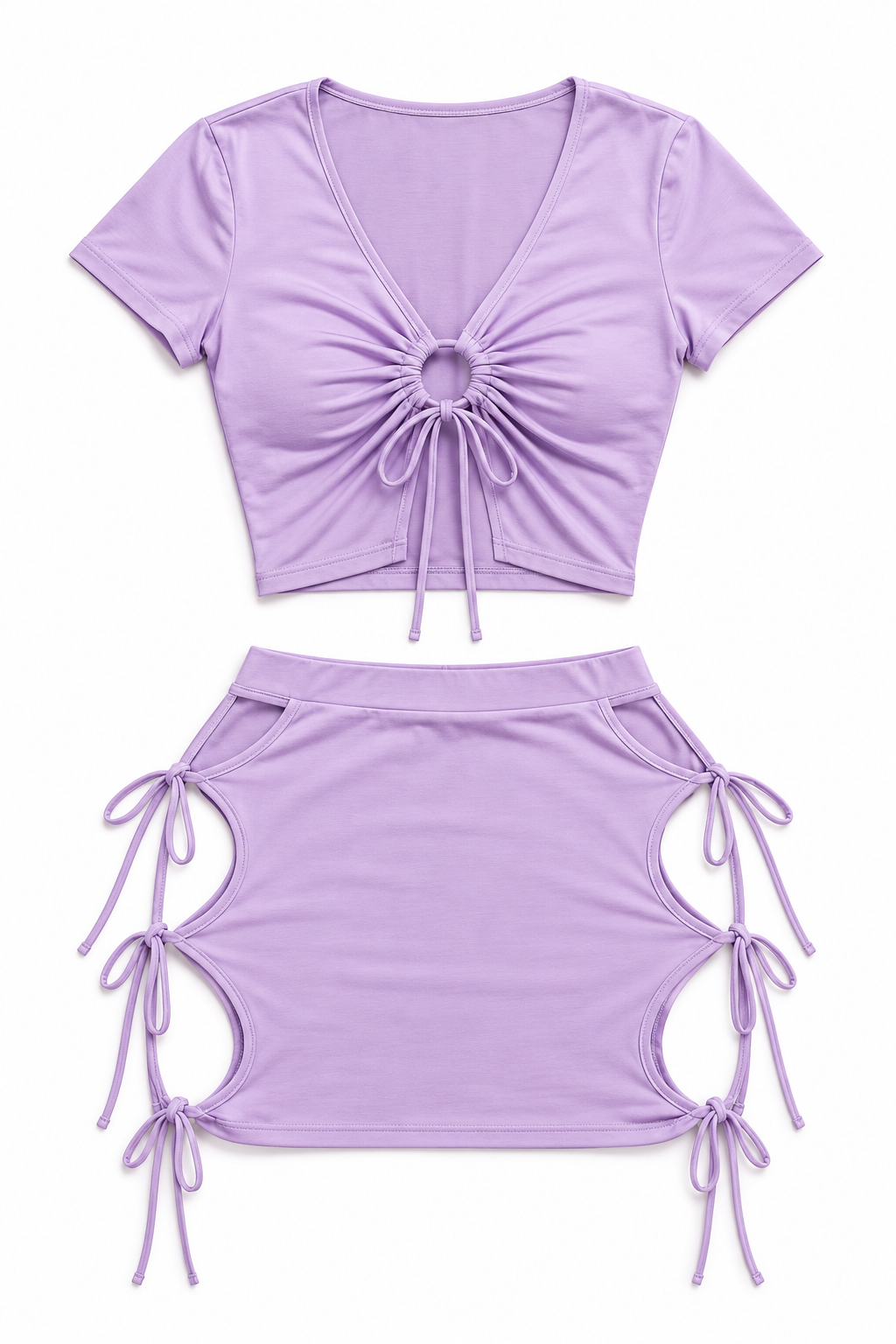 Lavender tie up ribbon skirt set, front view, garment only
