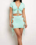 Muvin women's mint tie up ribbon skirt set, front view on model