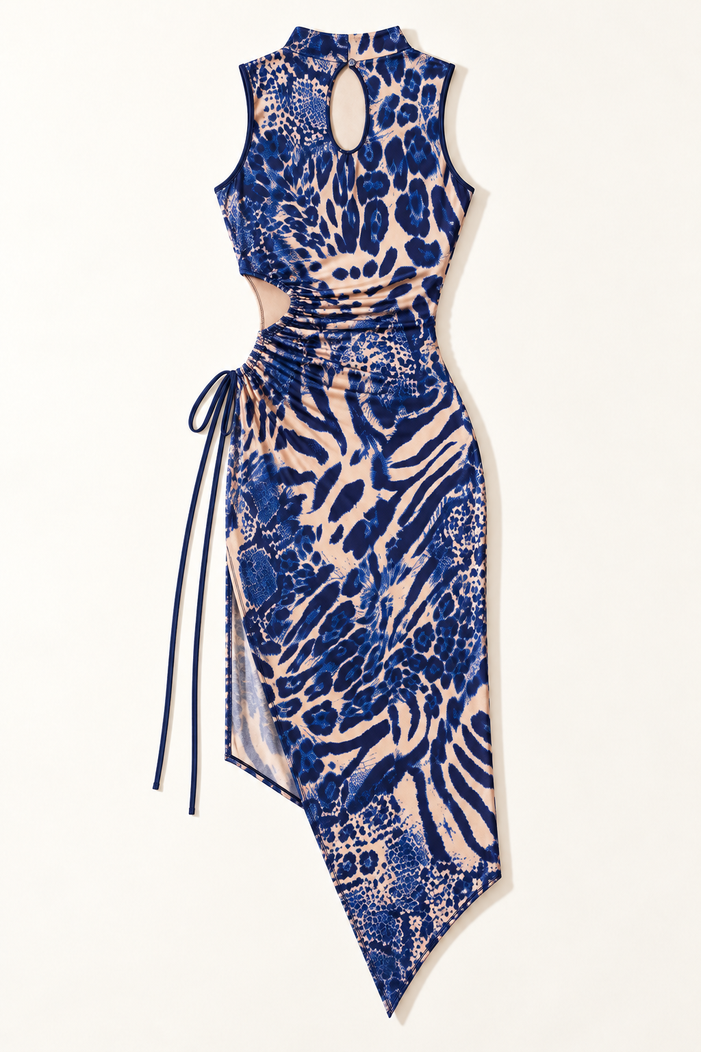 Blue combo animal-print side-cutout midi dress - back view