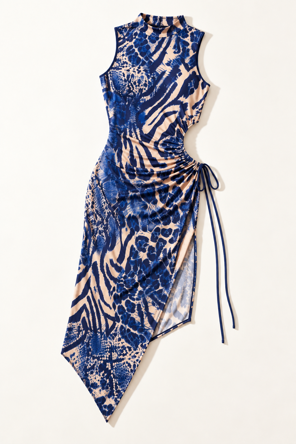 Blue combo animal-print side-cutout midi dress - alternate front flat lay