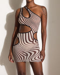 Muvin women's nude combo zebra printed mesh cut out asymmetric mini dress, front view on model
