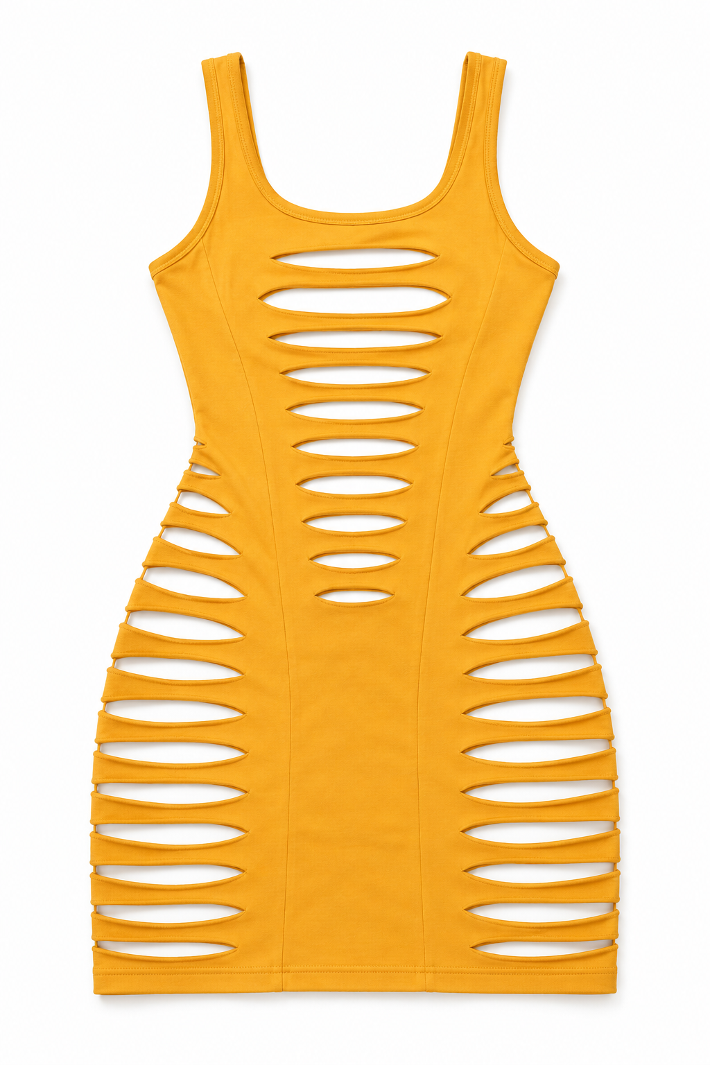 Mustard laser cut detailed mini dress, detail view, garment only