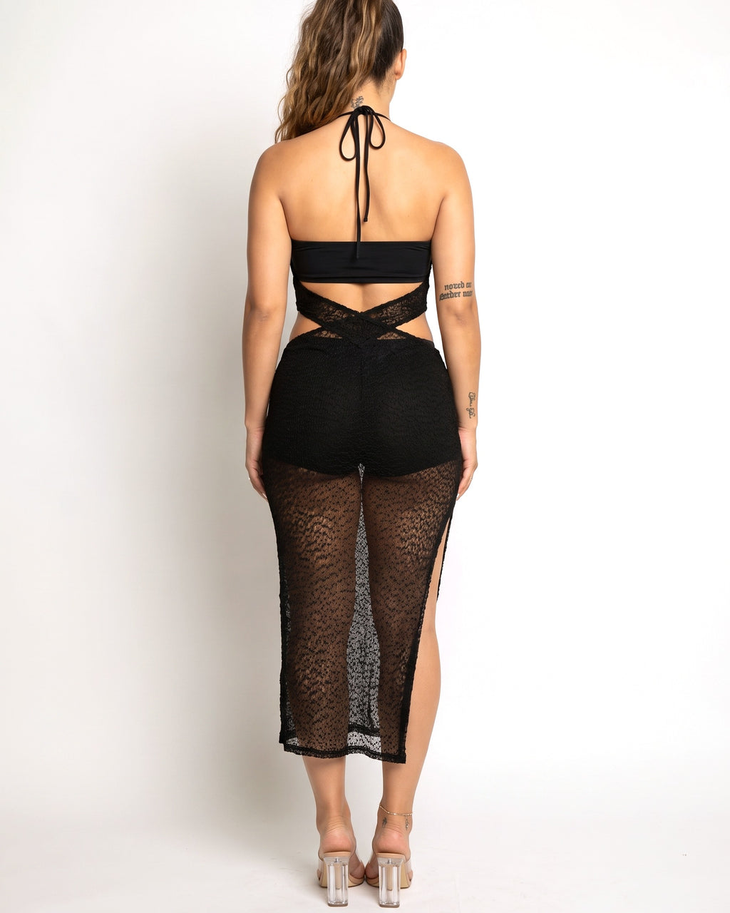 Black popcorn knit coverup dress, back view on model