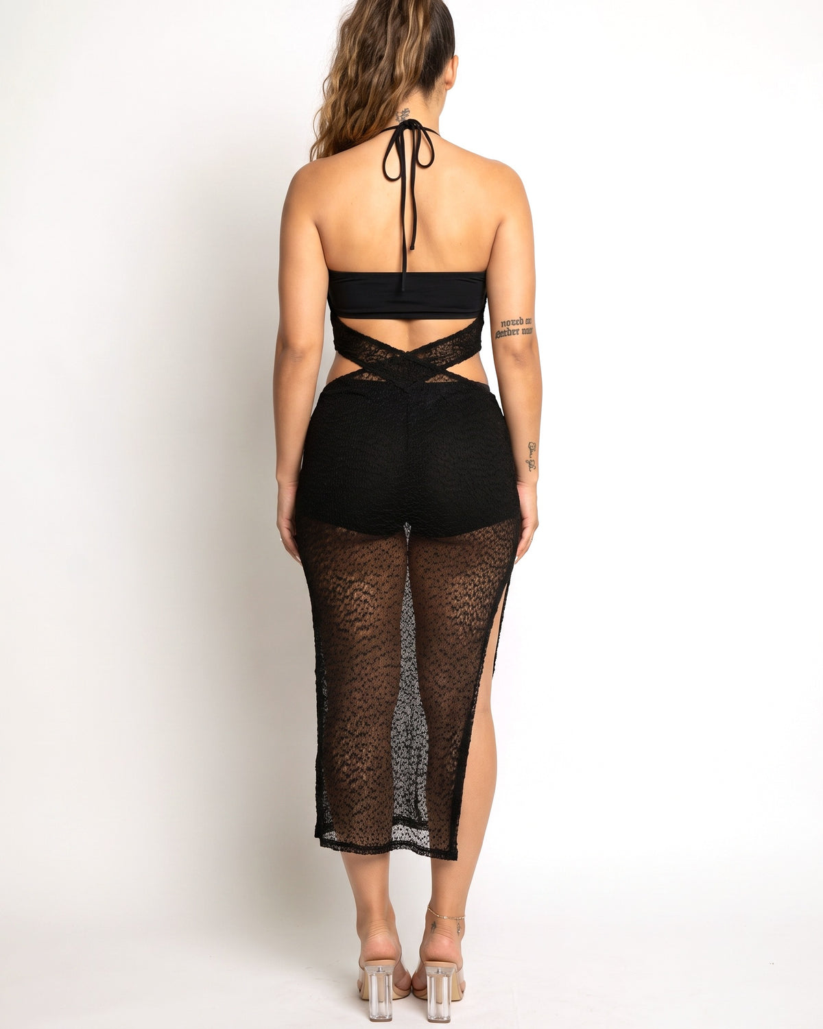 Black popcorn knit coverup dress, back view on model