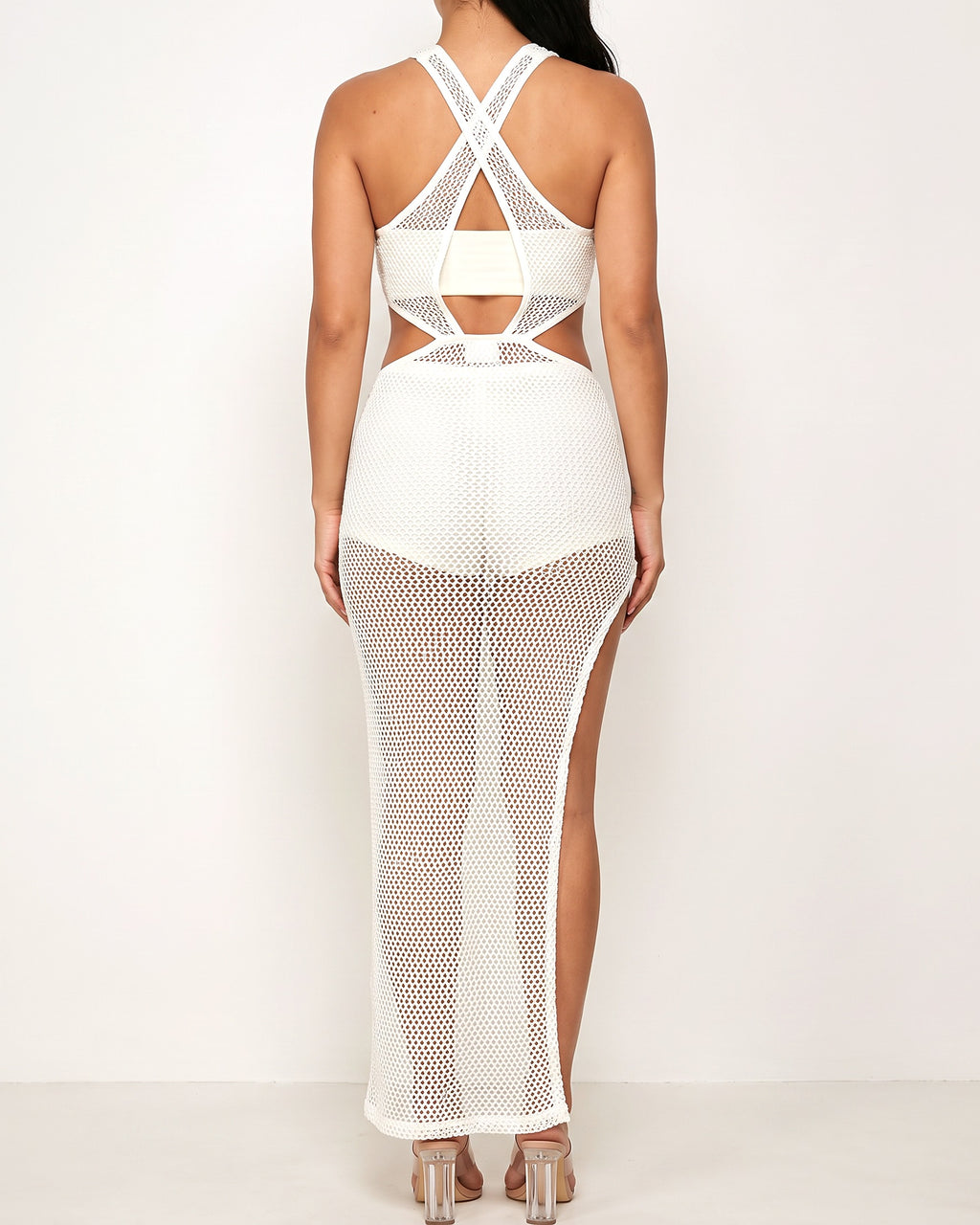 Ivory popcorn knit coverup dress, back view on model