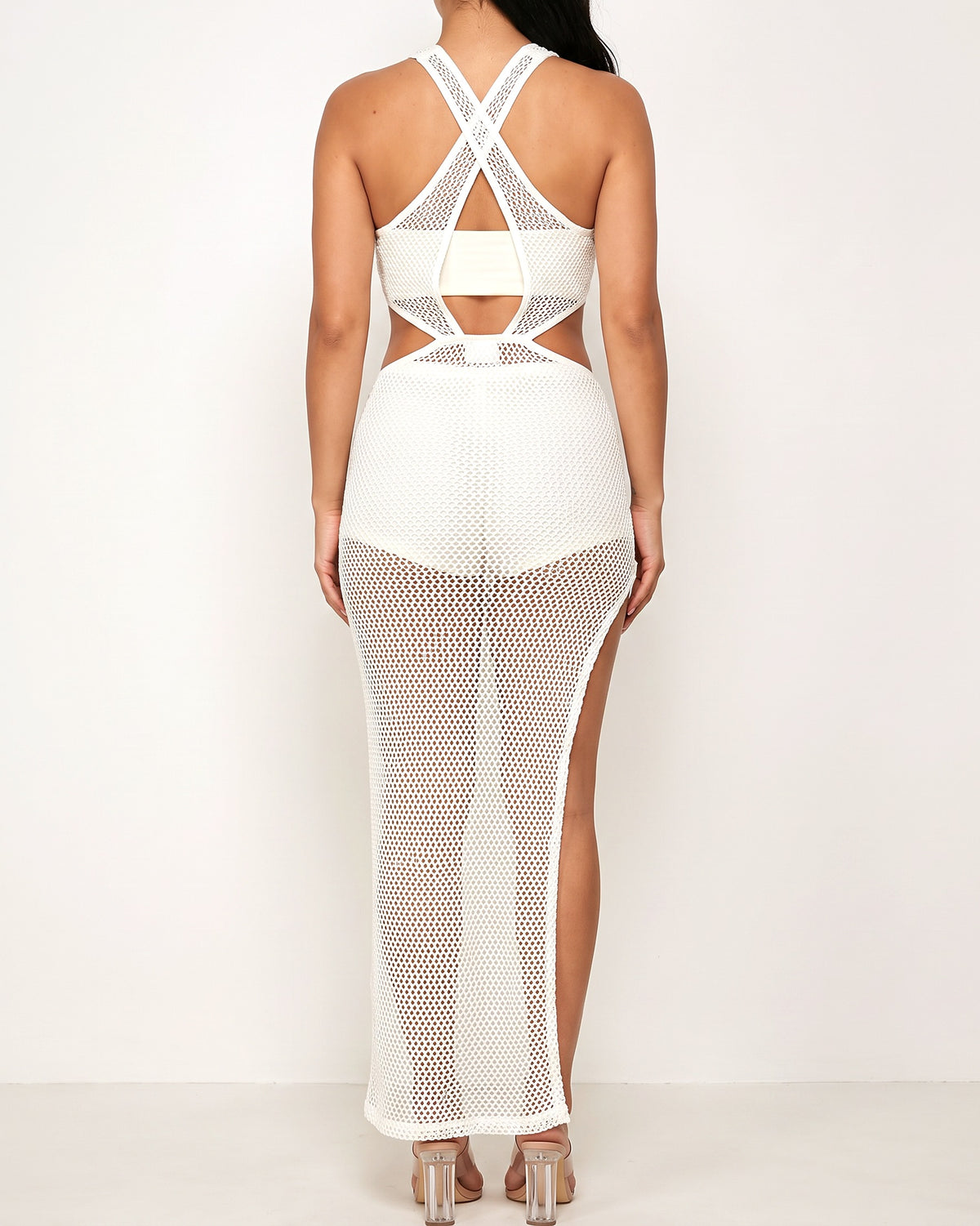 Ivory popcorn knit coverup dress, back view on model