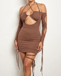 Muvin women's coco cut out string detailed off shoulder halter mini, front view on model