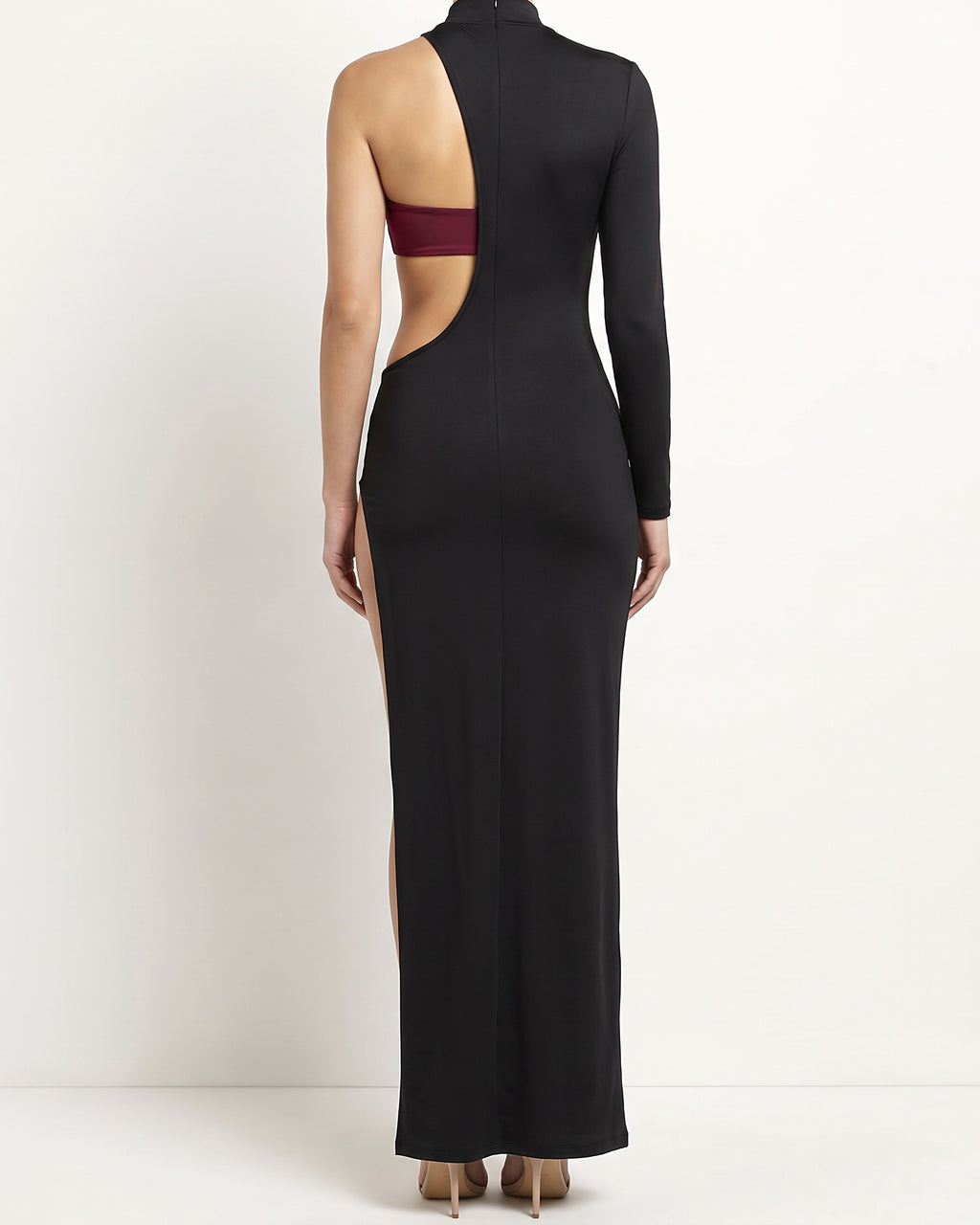 Burgundy and black strap detailed asymmetric maxi dress, back view on model
