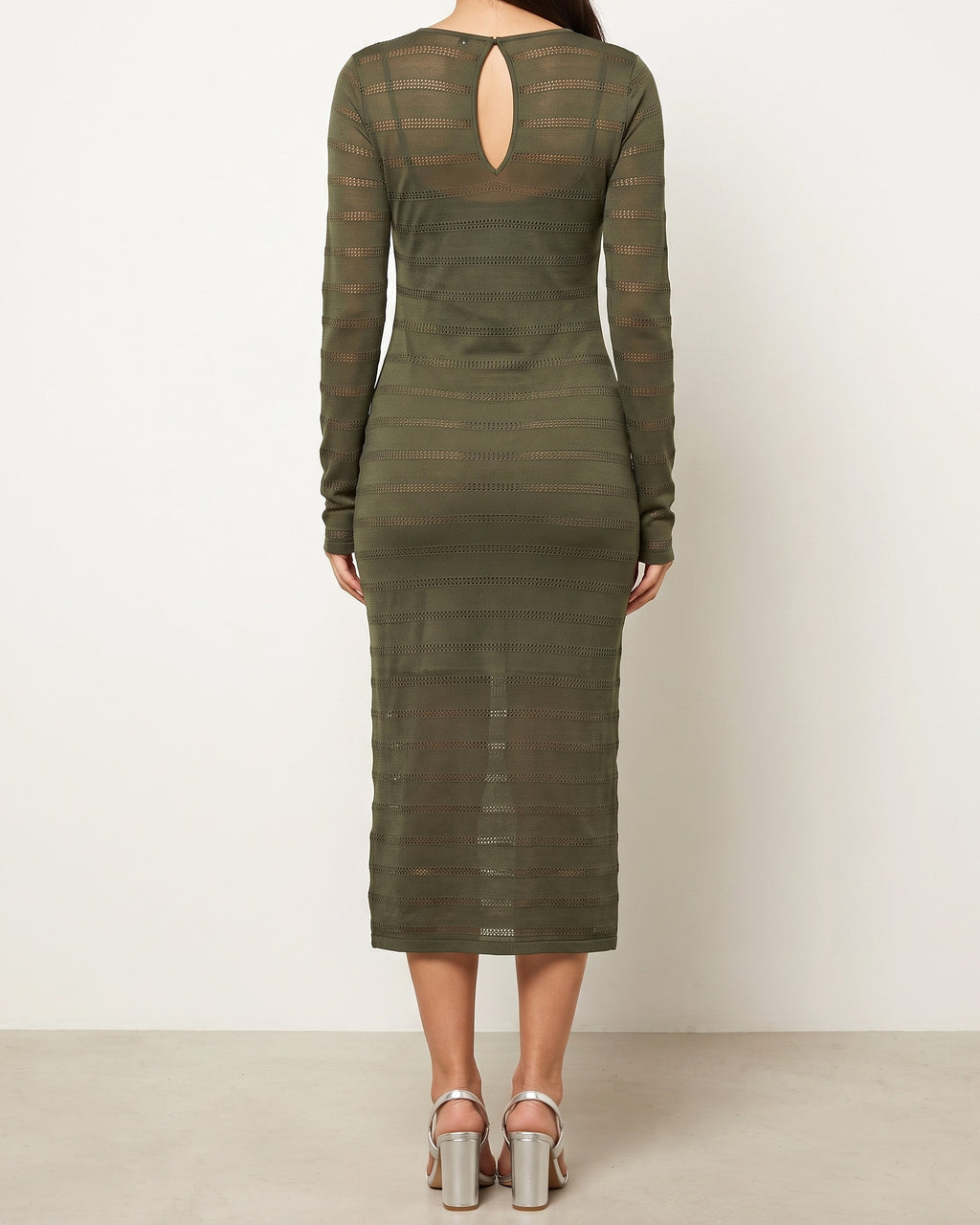 Olive open back knit midi coverup, back view on model