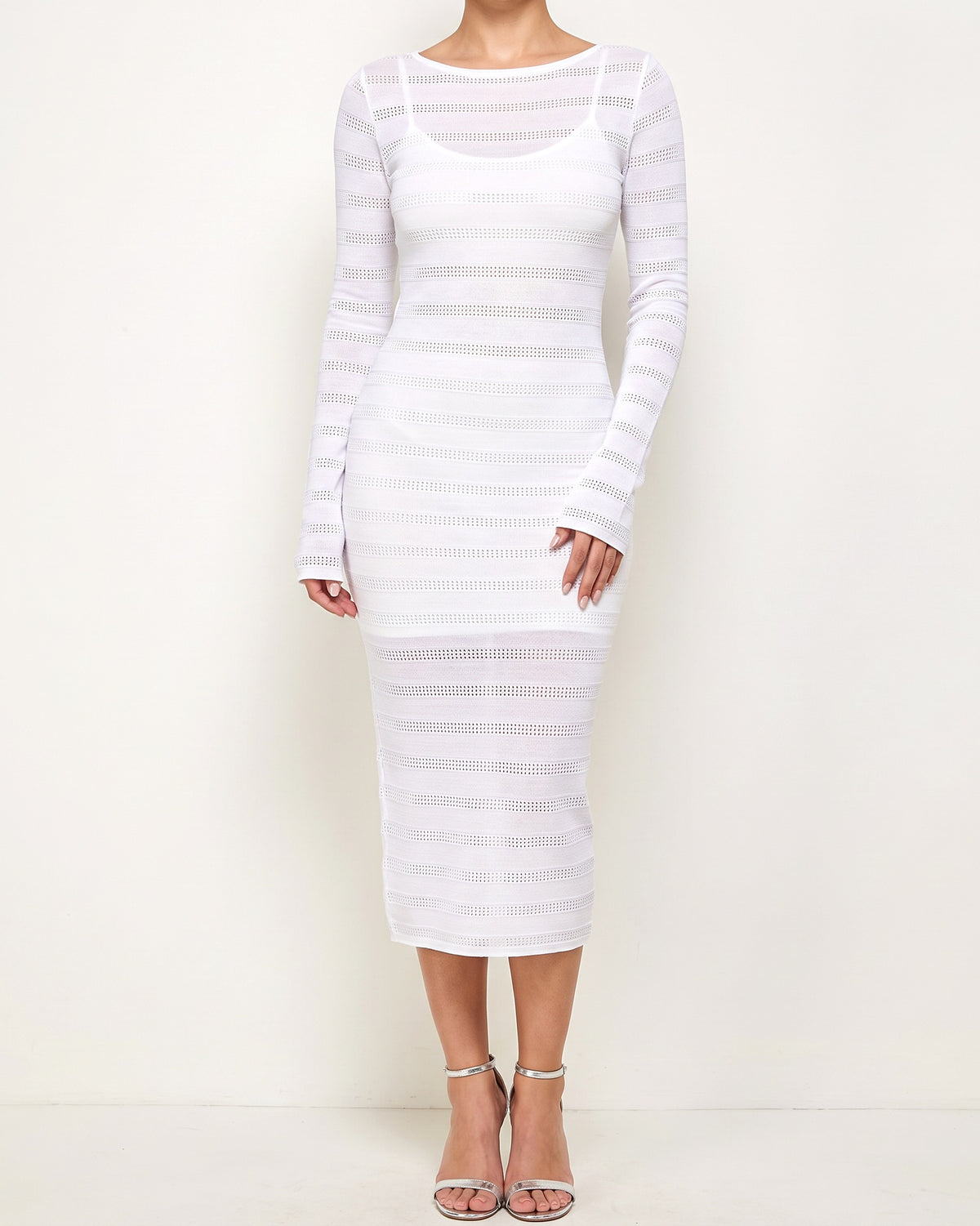 White open back knit midi coverup, alternate front view on model