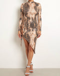Muvin women's brown snake print unbalance tie dress, front view on model