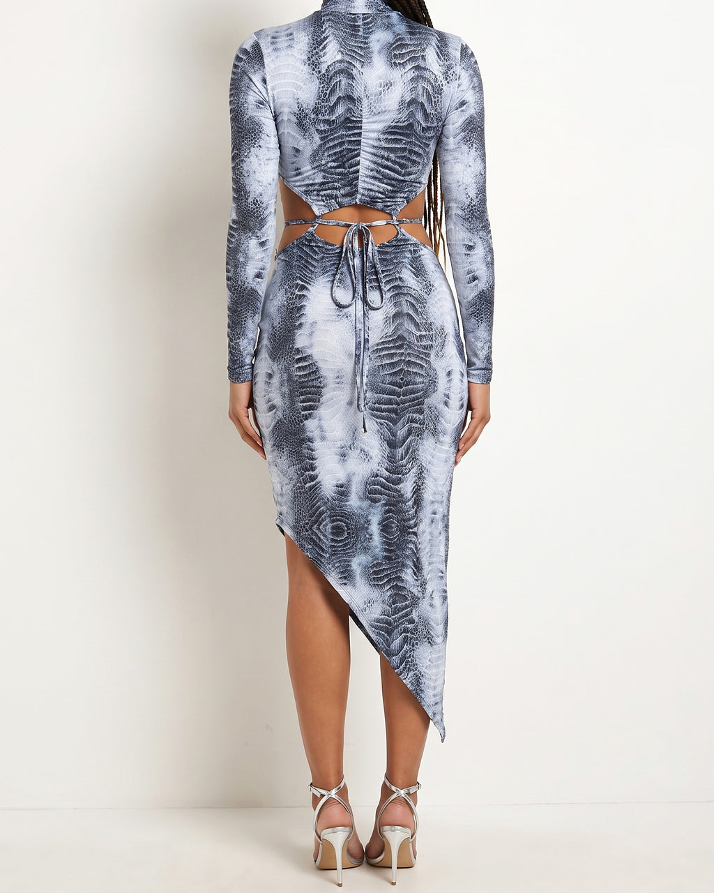 Grey snake print unbalance tie dress, back view on model
